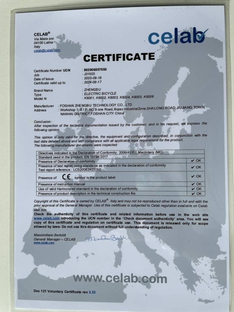 bicicletta elettrica certificazione CE