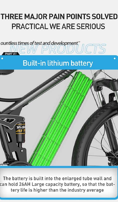 bicicleta de montaña eléctrica con suspensión completa y batería